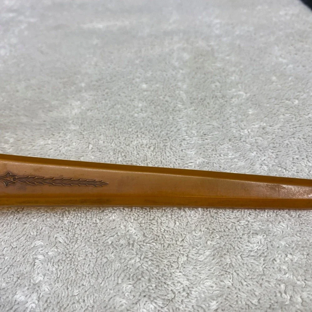 Vintage Amber Celluloid Hand Mirror Art Deco Faux Tortoise Floral Gold Detail